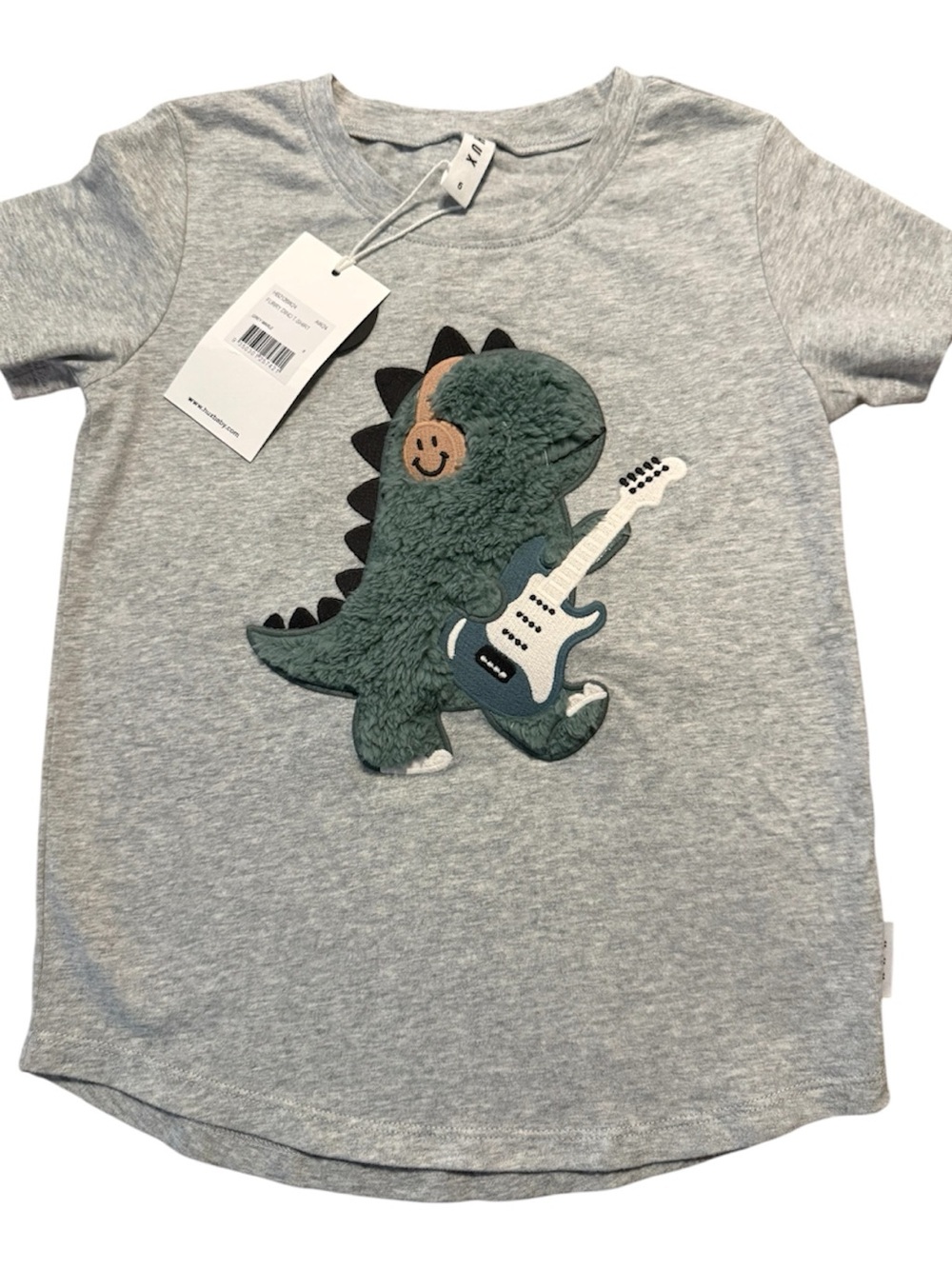 Huxbaby Gray Tee with Green Dino Guitar Applique